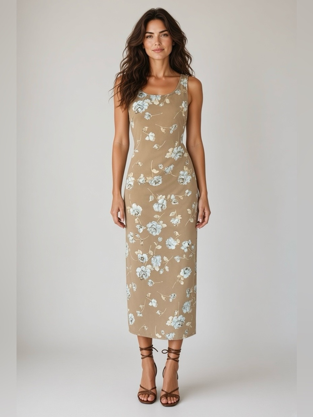 90s Y2K Floral Maxi Dress Brown Sleeveless Tie Back Romantic Dress | M